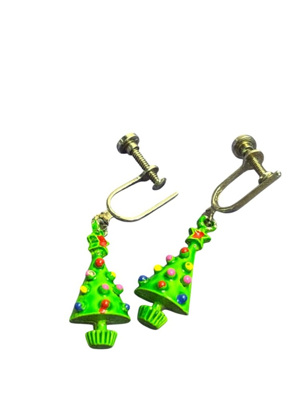 Vtg Multicolor Enameled Christmas Tree Dangle Screw Back Earrings Silvertone